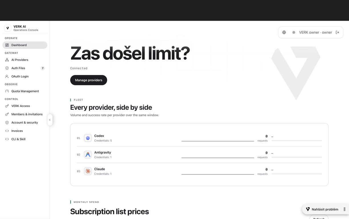 AI Proxy: skutečný dashboard VERK s přehledem poskytovatelů Codex, Antigravity a Claude.