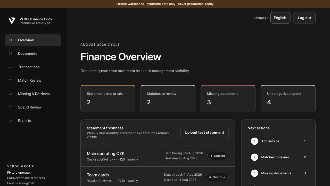 Finance Center: skutečné rozhraní přehledu dokladů, párování a bankovních účtů s testovacími daty.